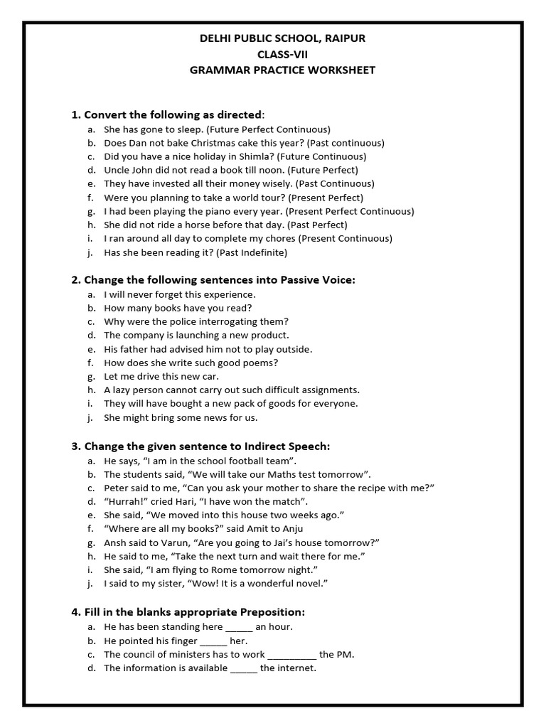 Class VII Grammar Practice Worksheet | PDF