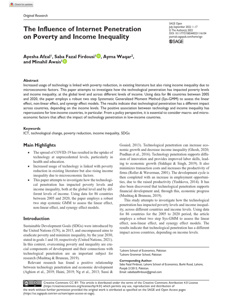 Afzal Et Al 2022 The Influence of Internet Penetration On Poverty and ...