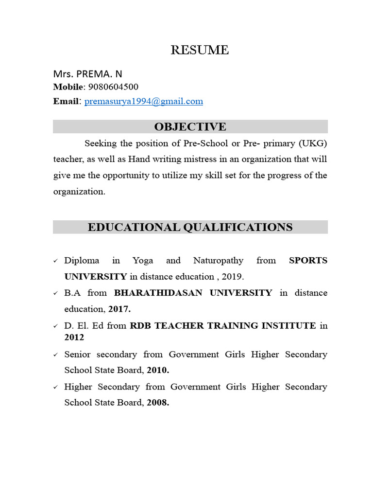 Pre-School Teacher Resume for Mrs. Prema N | PDF