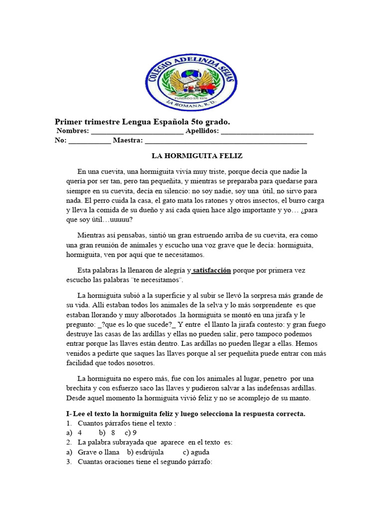 Evaluación de Lengua 5to Grado | PDF | Oración (Lingüística) | Américas