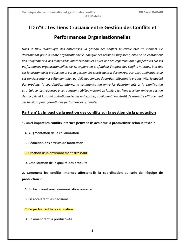 Gestion des Conflits et Performances Organisationnelles | PDF ...