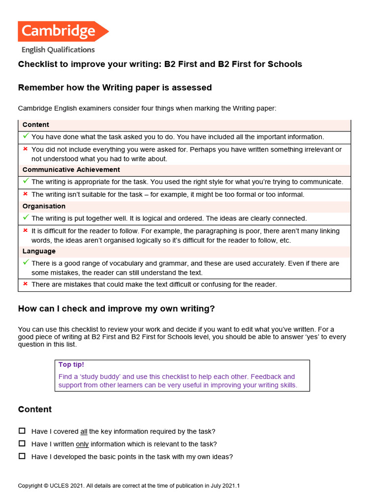 B2 Writing Improvement Checklist | PDF | Vocabulary | Word
