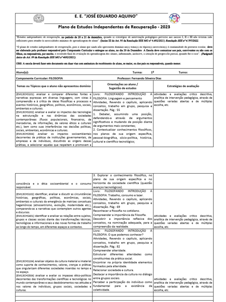 1º Plano de Estudos Independentes Filosofia | PDF | Pedagogia | Economia