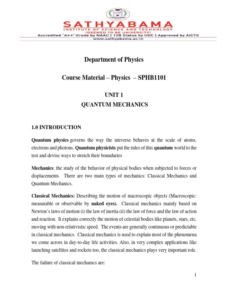 Unit I Quantum Mechanics Physics Pdf Electromagnetic Radiation