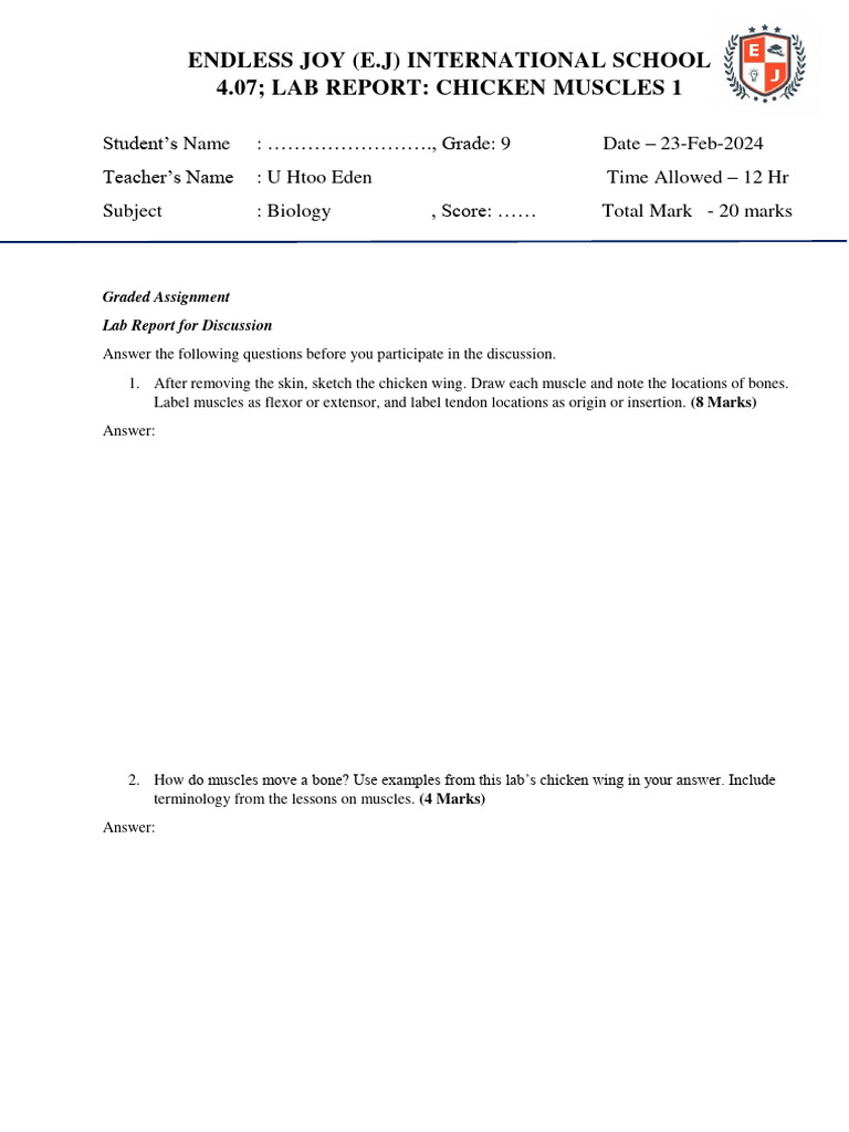 Chicken Wing Muscle Anatomy Lab Report | PDF