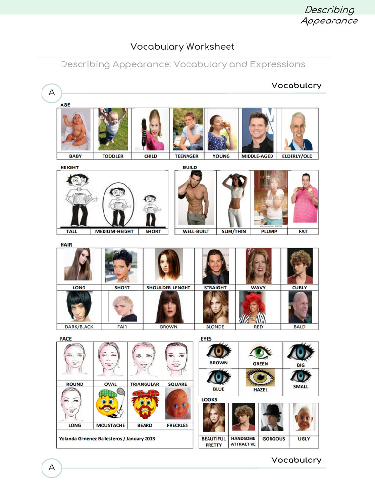 Describing Appearance Vocabulary And Expressions Pdf Hair