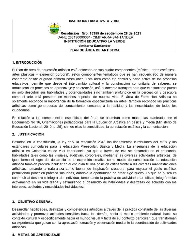 Plan de Área de Educación Artística | PDF | Educación en artes visuales ...