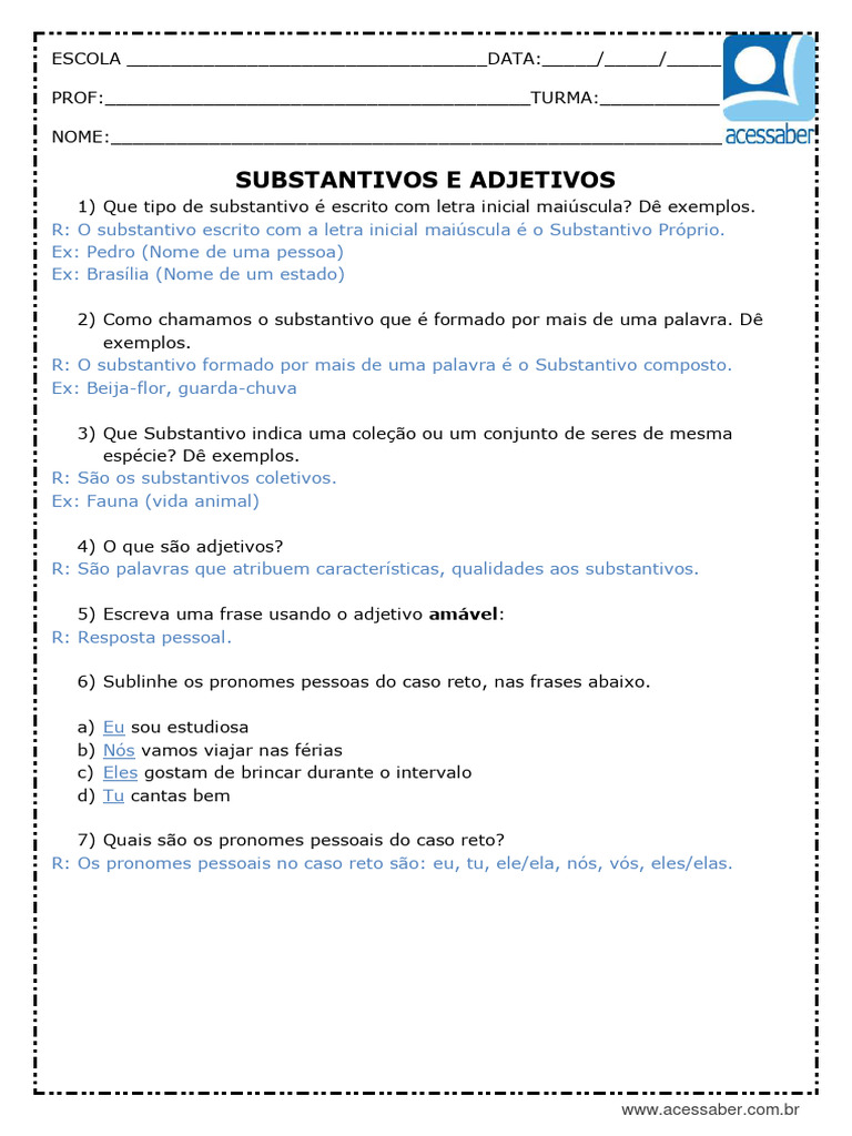 Atividade de Portugues Substantivos e Adjetivos 4 Ano e 5 Ano Respostas ...