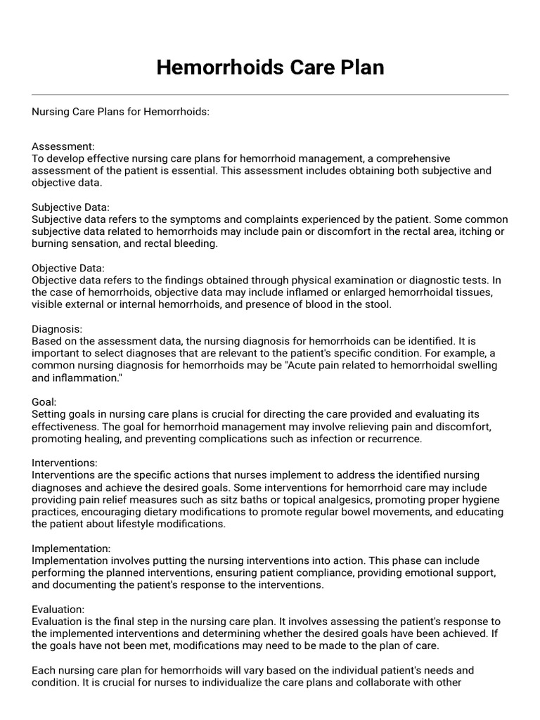 Hemorrhoids Care Plan PDF