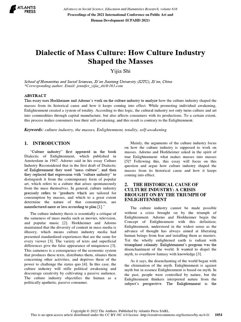 Dialectic of mass culture how culture industry shaped the masses pdf
