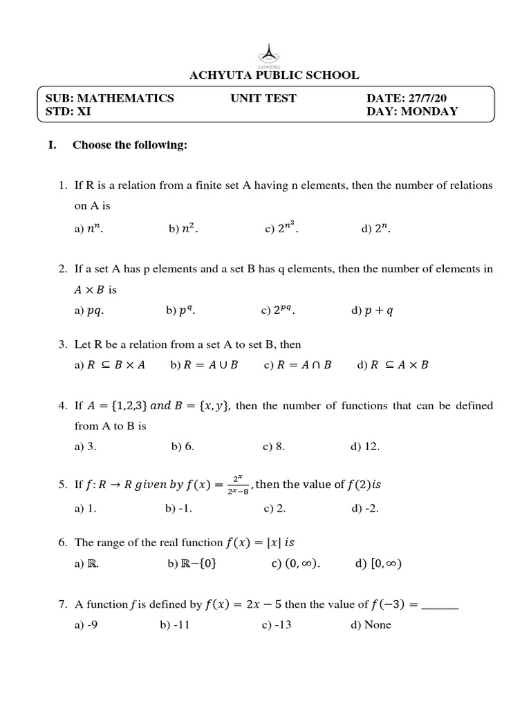 Mathematics Unit Test Questions | PDF