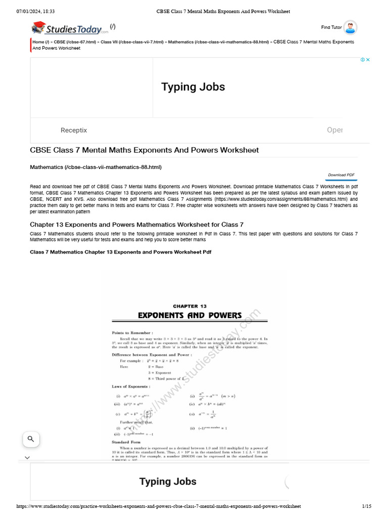 CBSE Class 7 Mental Maths Exponents and Powers Worksheet | PDF