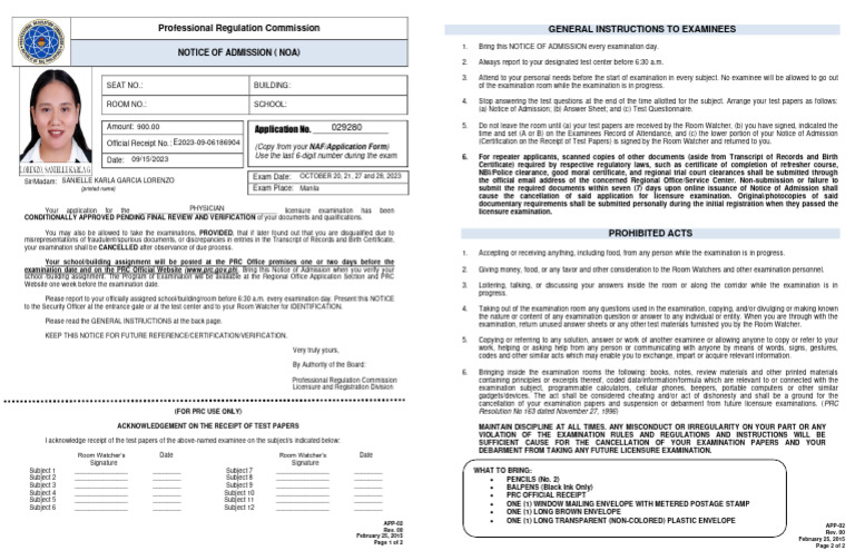 PRC Licensure Exam Admission Notice | PDF | Envelope | Licensure