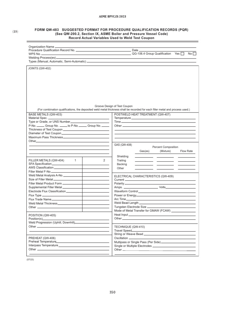 Procedure Qualification Record Template | PDF | Construction | Welding