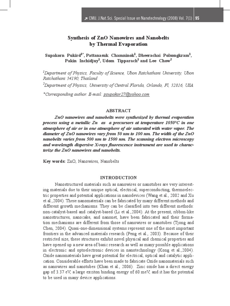 Synthesis of ZnO Nanowires and Nanobelts | PDF | Zinc Oxide | Nanowire