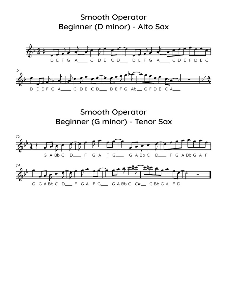 Smooth Operator - Beginner - Alto + Tenor Sax - With Note Names | PDF