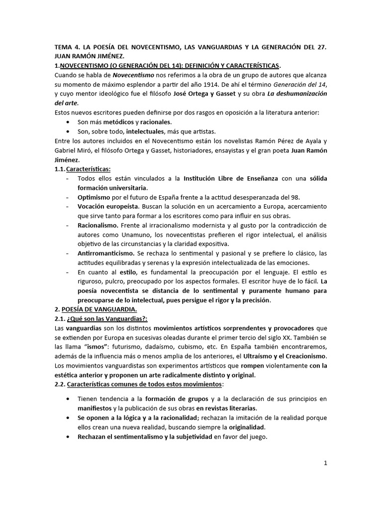 Tema 4. La Poesía en El Novecentismo, Vang., G. 27 y J. R. Jiménez