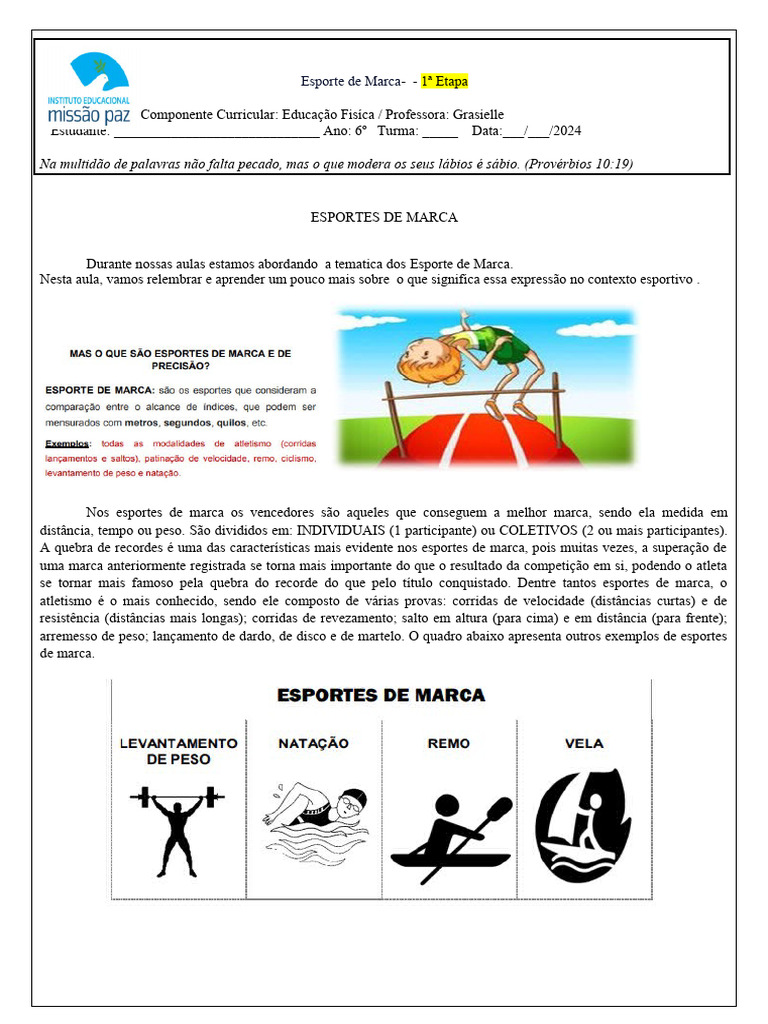 Atividade Esporte de Marca de Educação Física - 1º Etapa | PDF ...