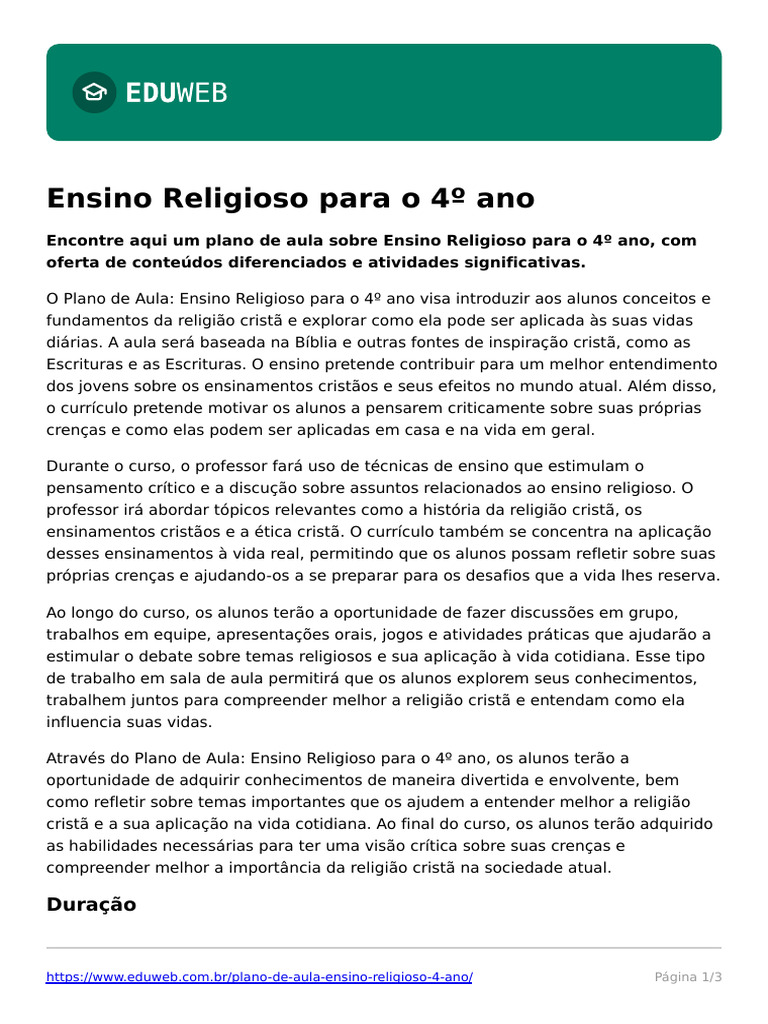 Plano de Aula: Ensino Religioso 4º Ano | PDF | Igreja católica | Bíblia