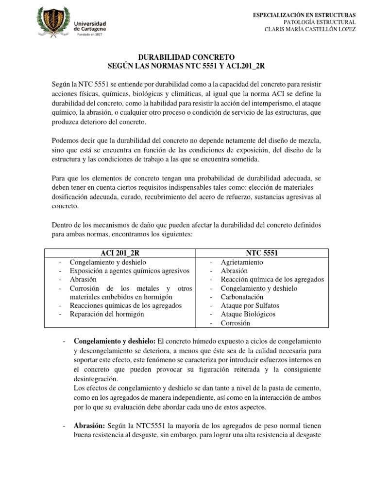 Durabilidad del Concreto según NTC 5551 y ACI 201 | PDF | Hormigón ...