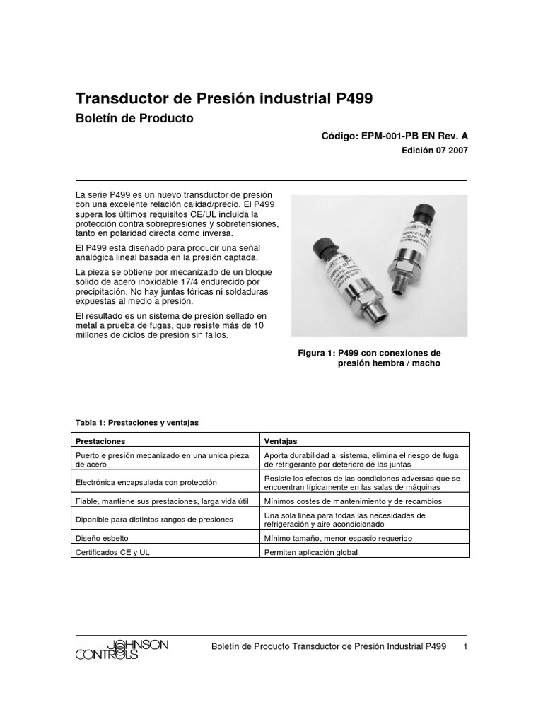 Transductor de Presión Industrial P499 | PDF