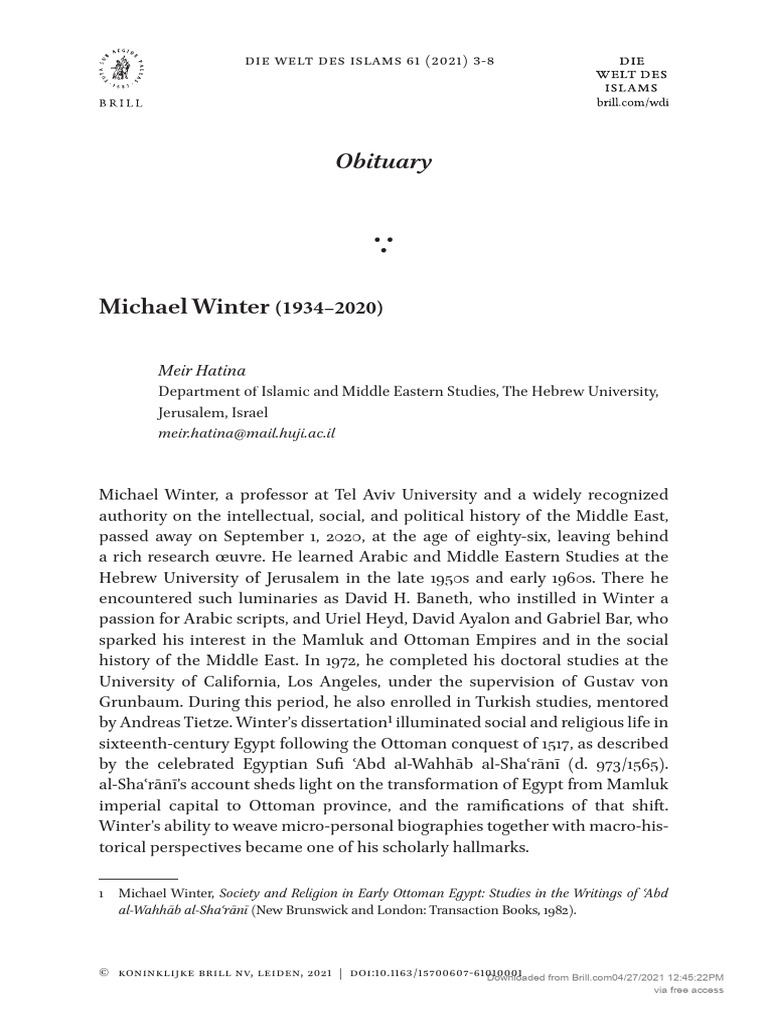 Obituary: Michael Winter (1934–2020) | PDF | Sufism | Israel