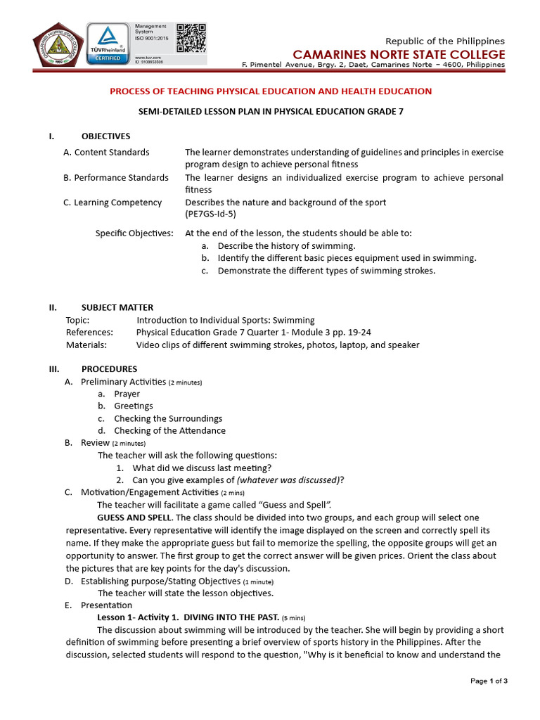 Grade 7 Swimming Lesson Plan | PDF