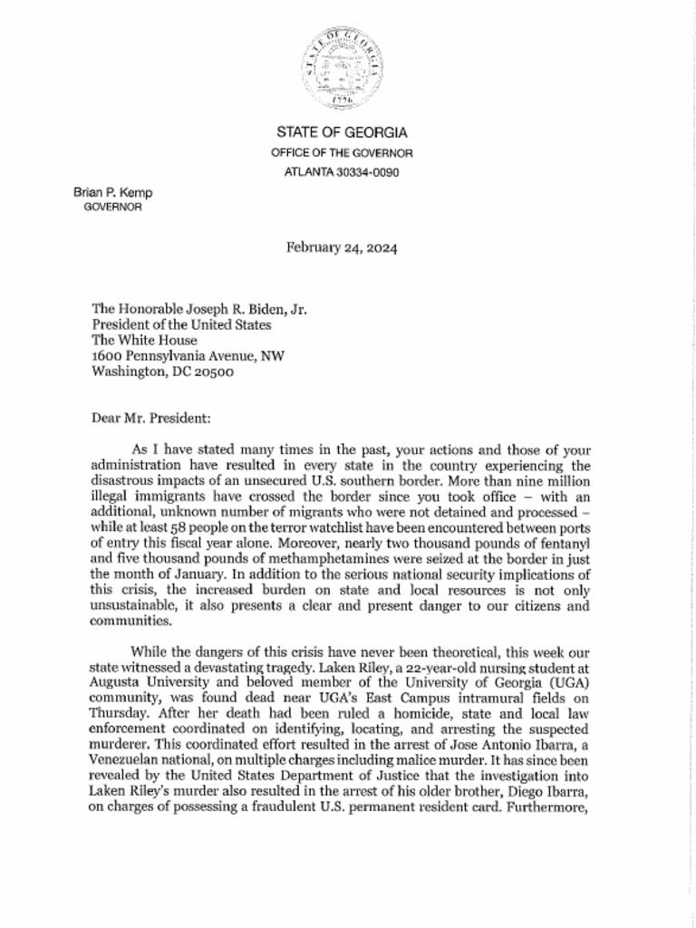 Gov. Kemp Letter 2.24.24 To President Joe Biden | PDF