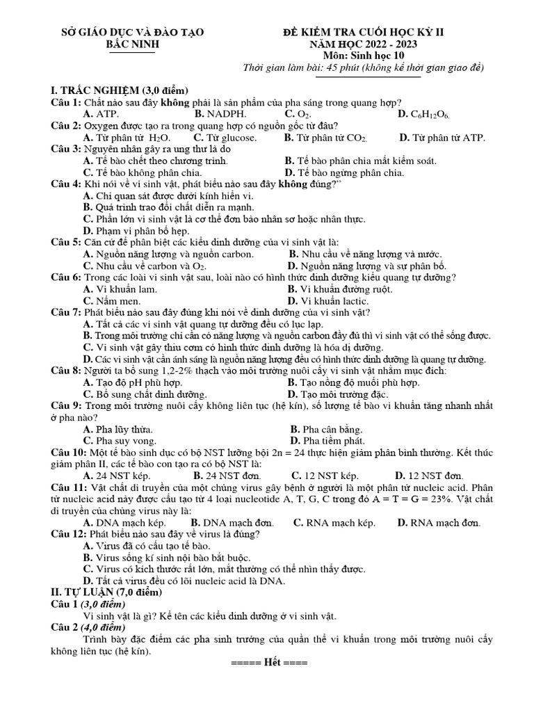 De Thi Cuoi Hoc Ky 2 Sinh Hoc 10 Nam 2022 2023 So GDDT Bac Ninh | PDF
