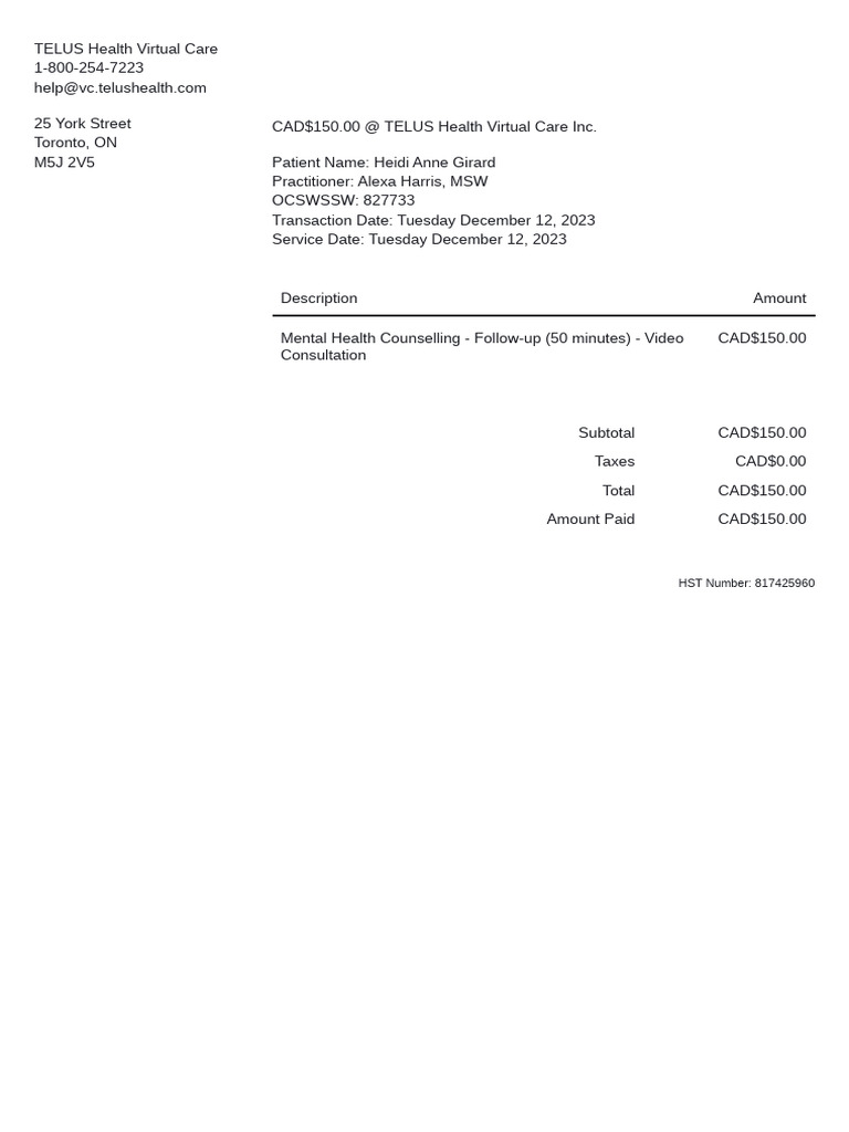 TELUS Health Virtual Care Invoice | PDF