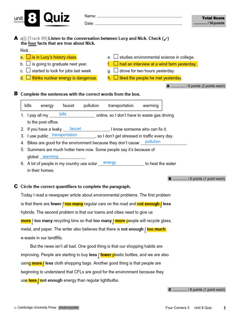 Four Corners 3 Unit 8 Quiz | PDF