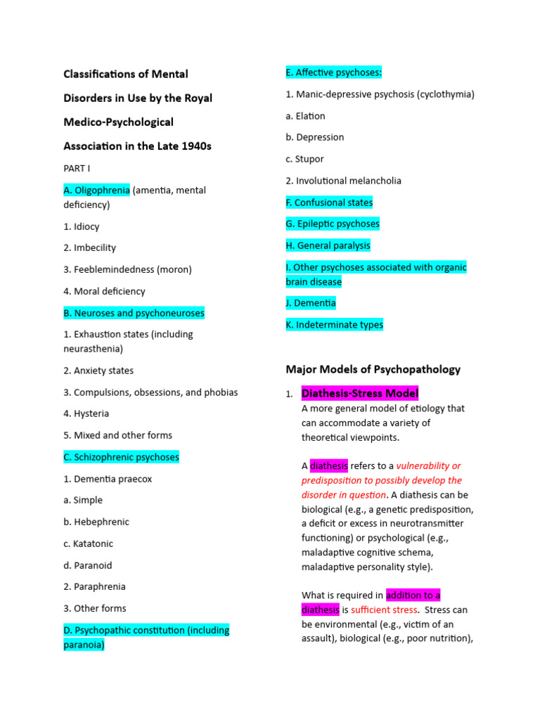 1940s Mental Disorder Classifications | PDF