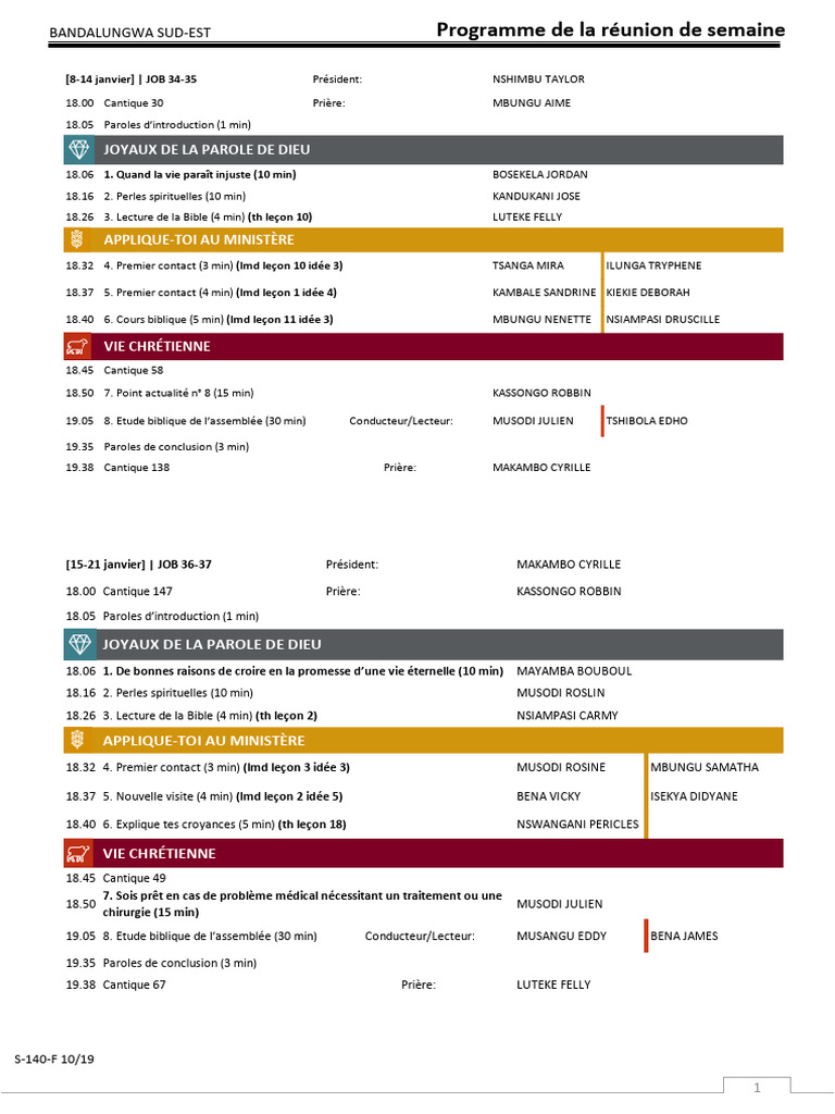 Programme de réunion hebdomadaire 2023 | PDF | Liturgie et culte ...