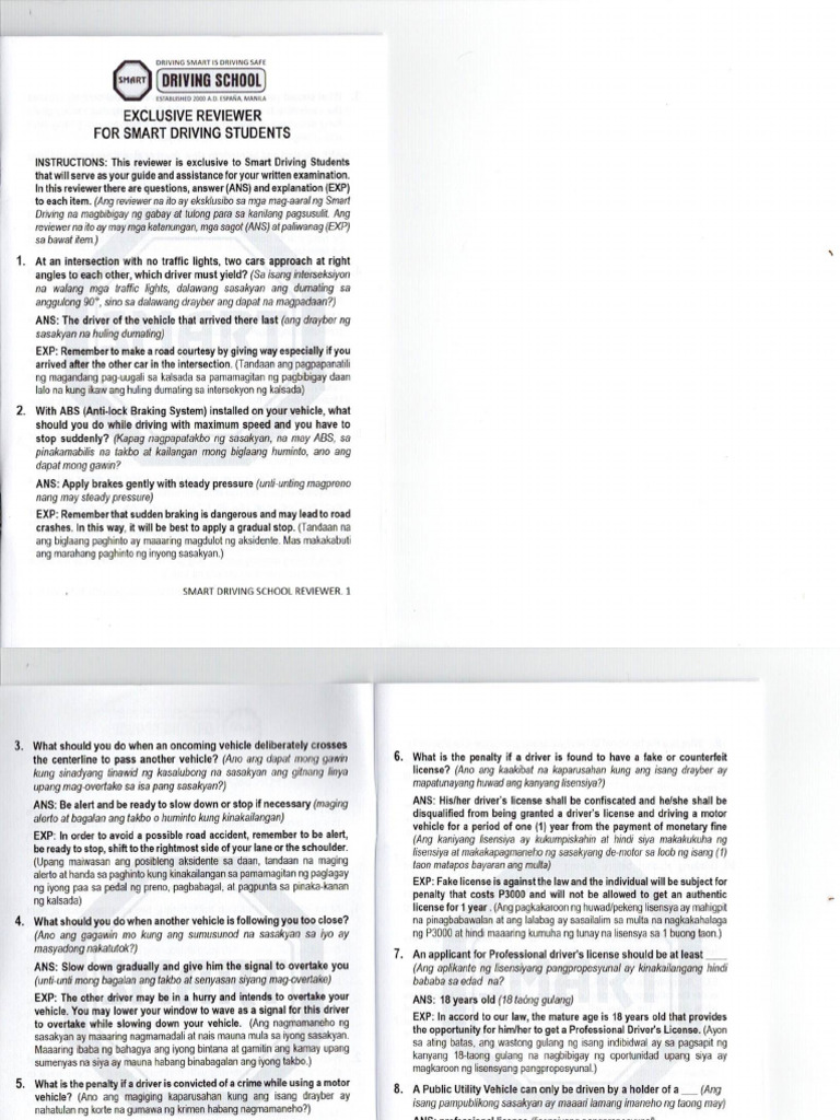 Smart Driving School Exclusive Reviewer | PDF