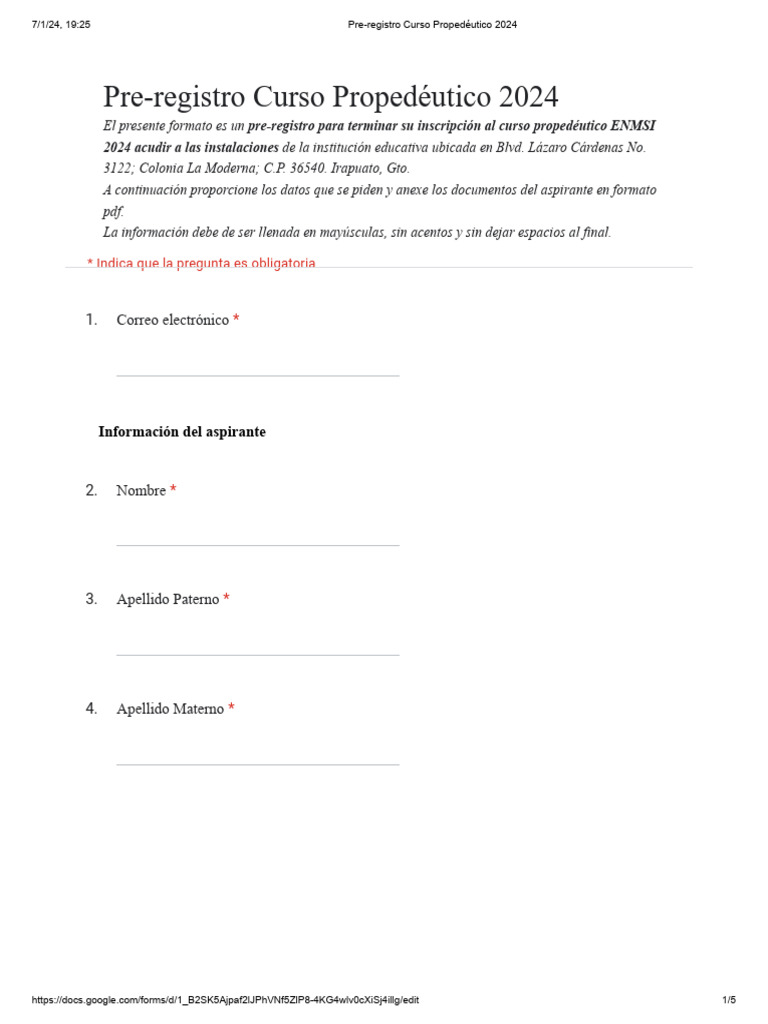 Preinscripcion propedeutico 2024 formularios google pdf