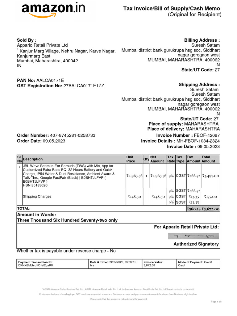 JBL Wave Beam Invoice | PDF | Invoice | Payments