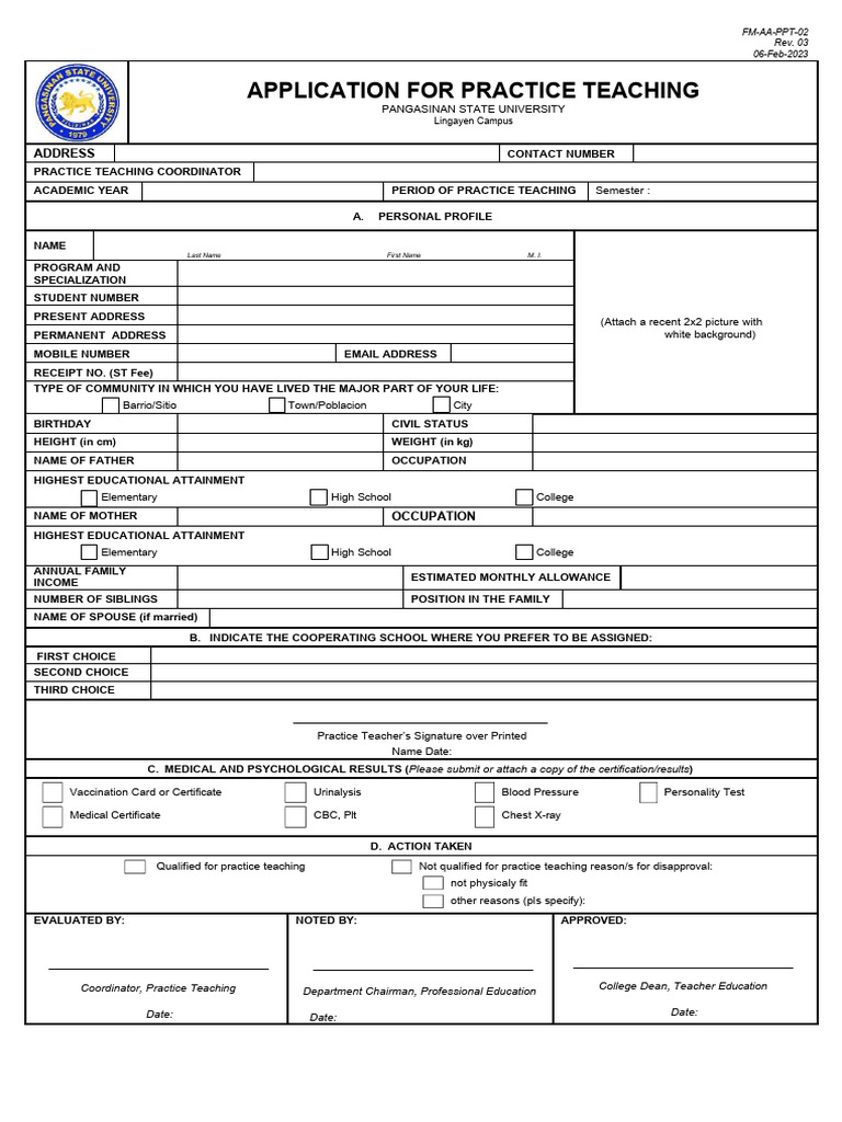 02 Application For Practice Teaching Rev.03 FINAL | PDF