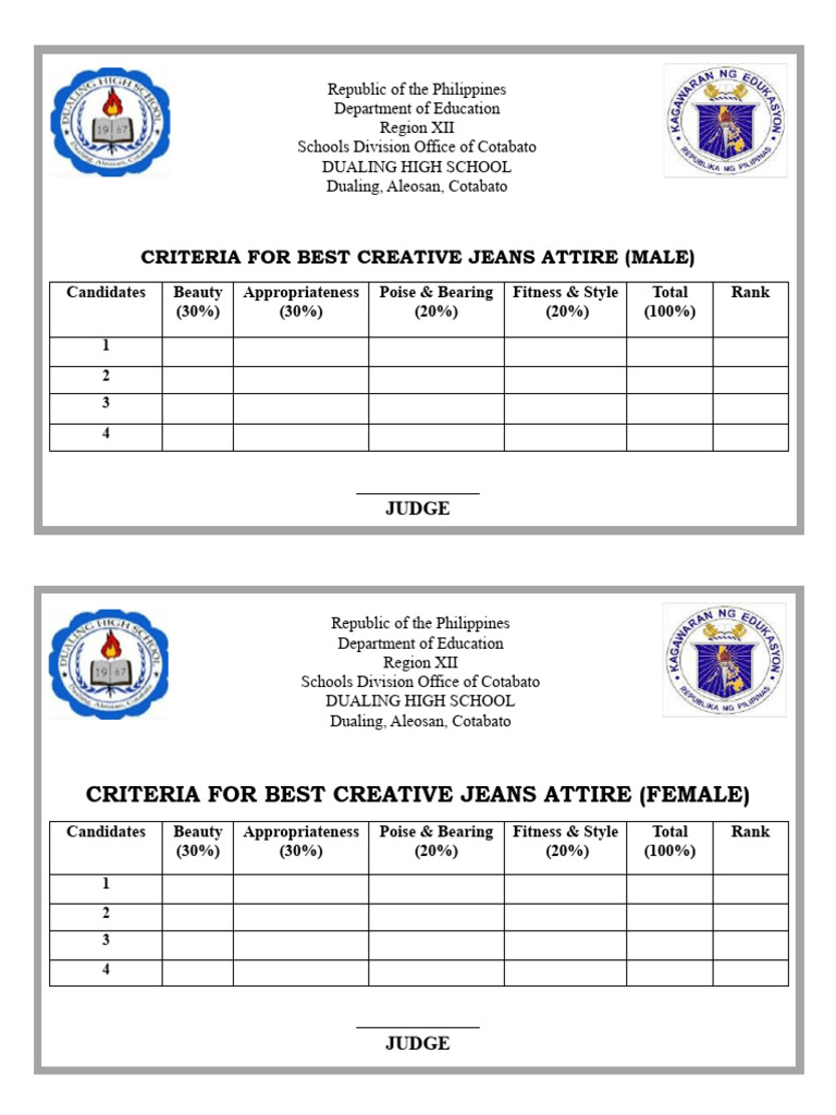 Criteria for best creative jeans attire pdf governance philippines