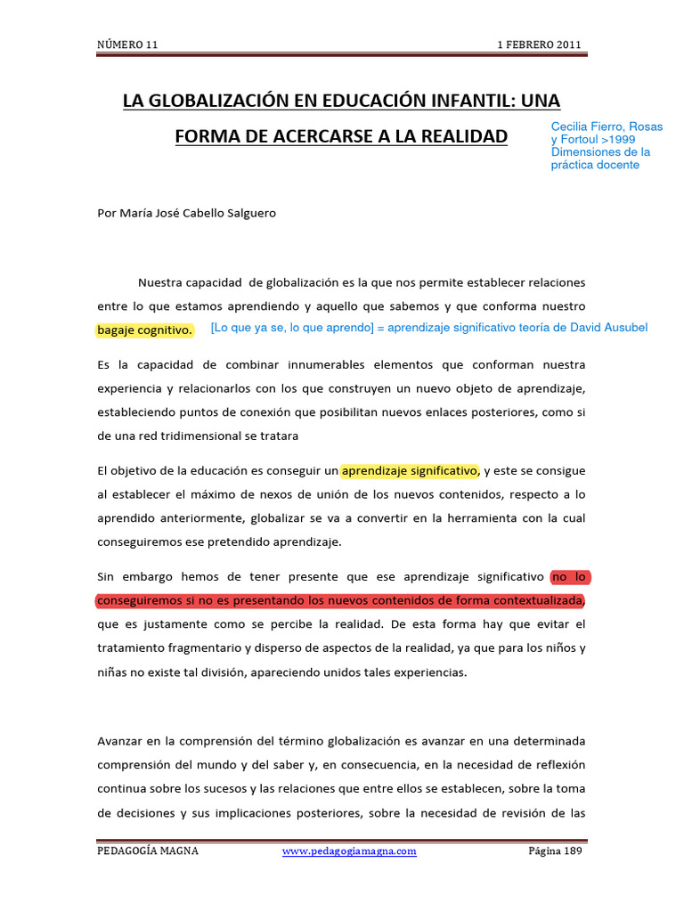 Globalización en Educación Infantil | PDF | Aprendizaje | Percepción