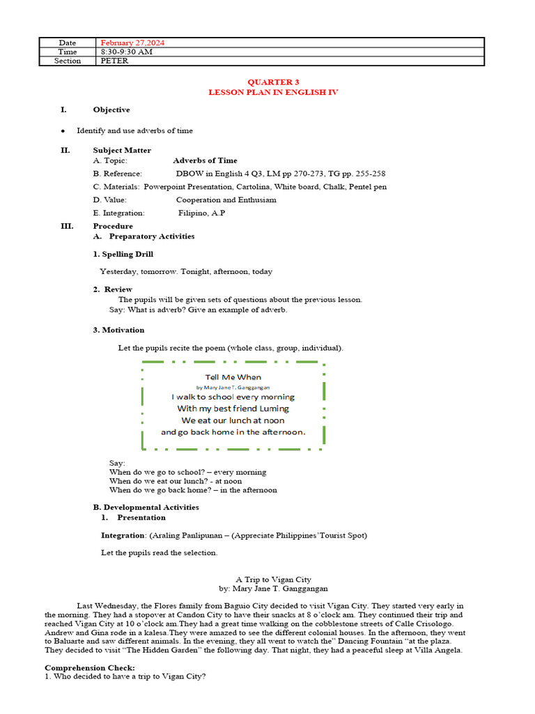 Adverbs of Time Lesson Plan for English IV | PDF | Language Arts ...