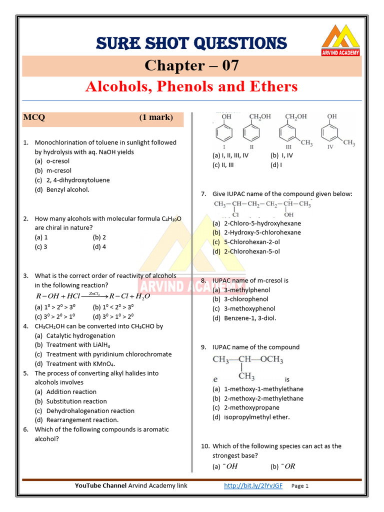 Alcohols, Phenols & Ethers MCQs | PDF | Ether | Ethanol