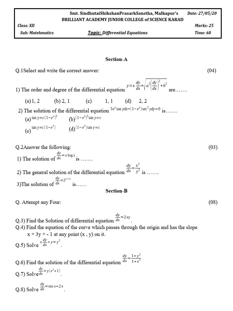 12th Maths Differential Equations Test | PDF | Equations | Subtraction