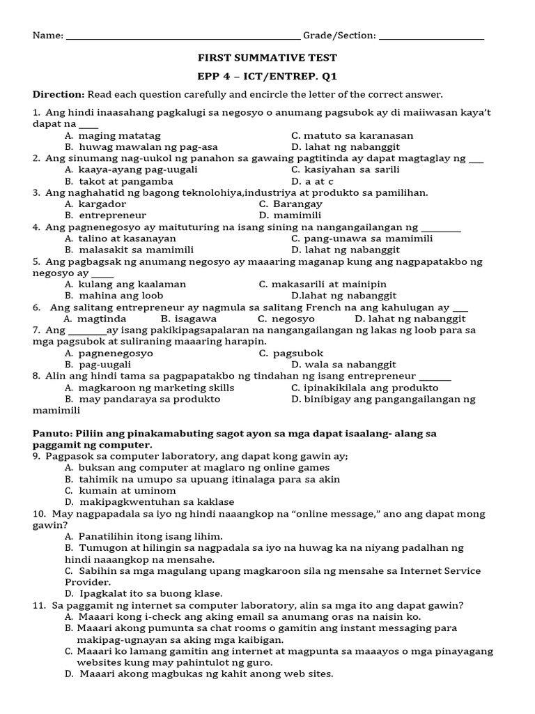 Summative Test 1 and 2 Epp 4 Ict q1 | PDF