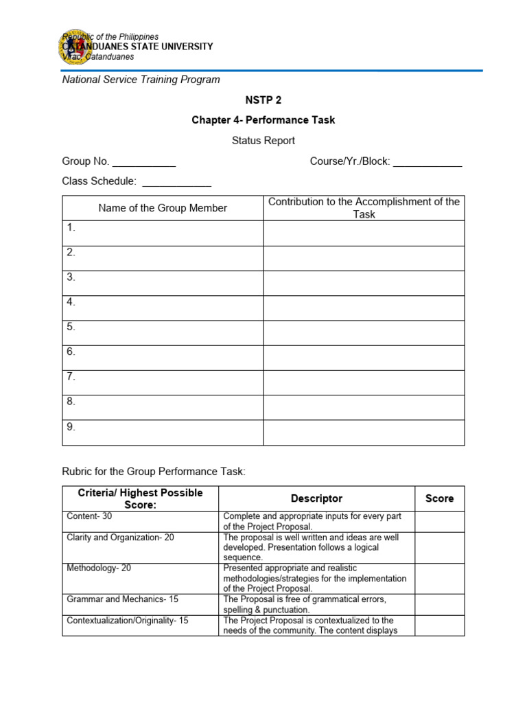 Chapter 4 Performance Task Status Report and Rubric | PDF