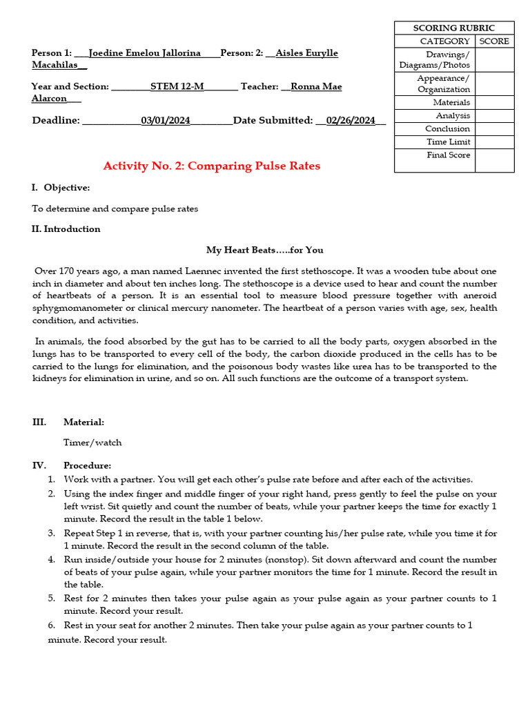 Activity 2 Comparing Pulse Rate | PDF | Pulse | Clinical Medicine