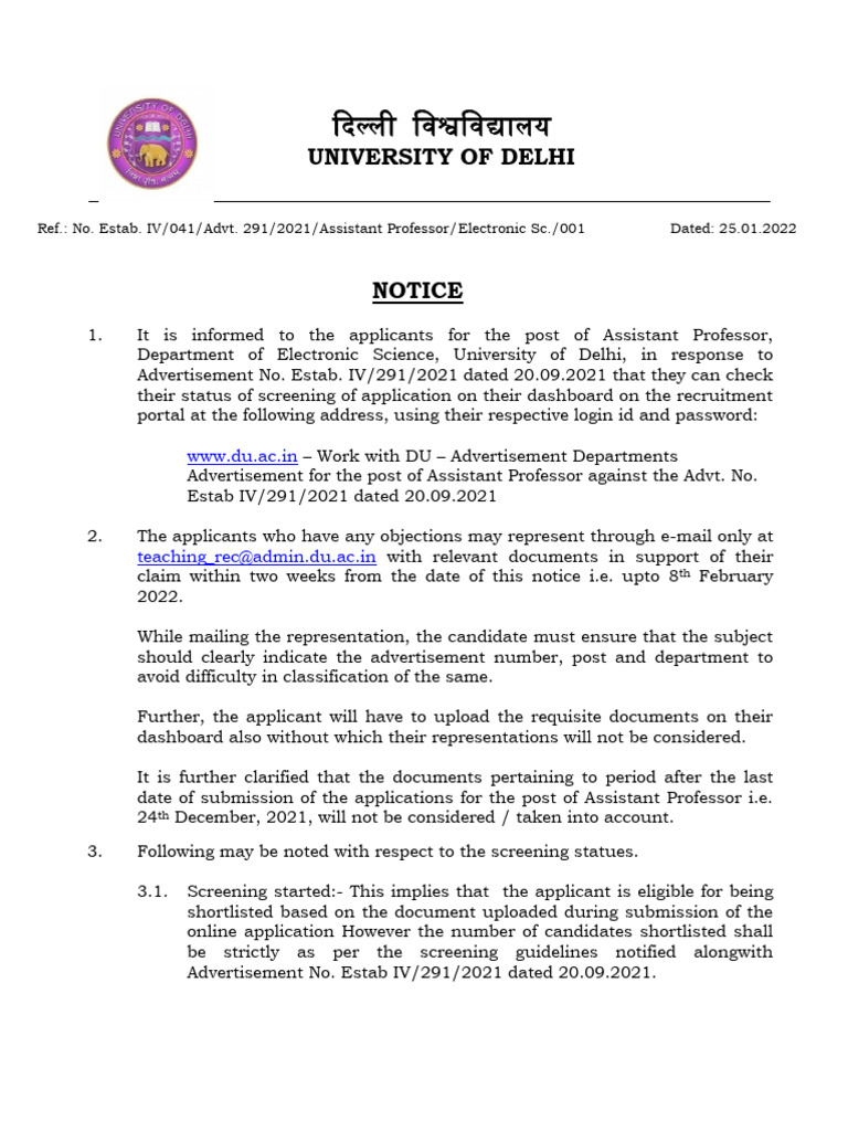 DU Assistant Professor Screening Notice | PDF | Government | Justice