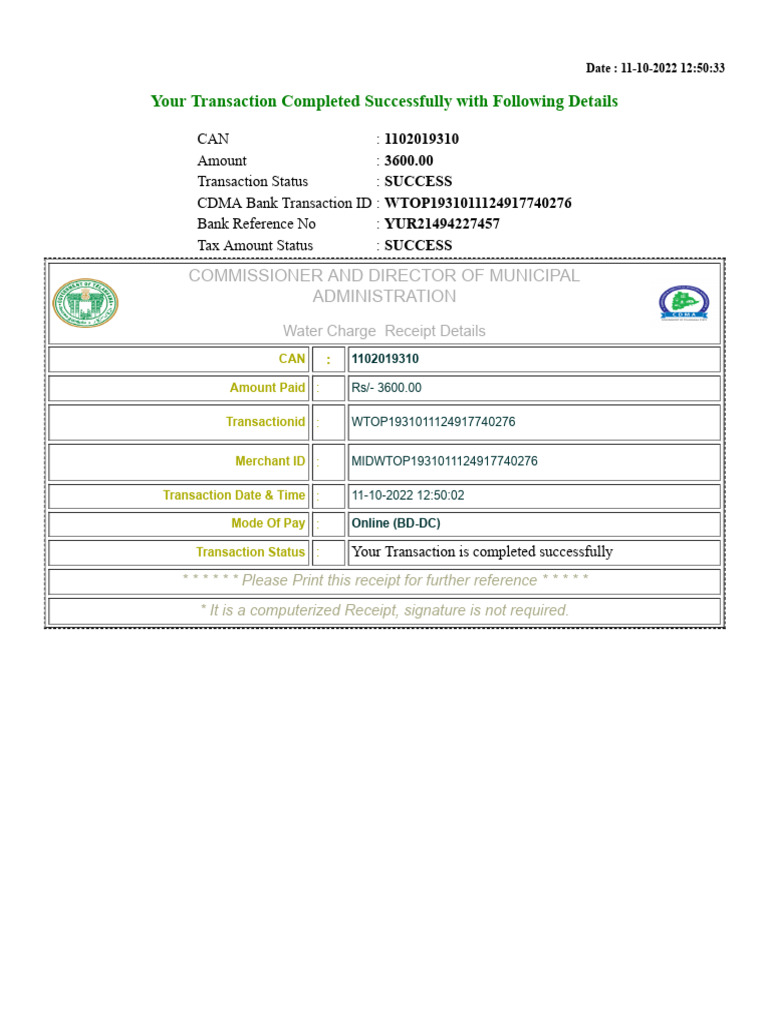 Water Bill Payment Receipt 62899 PDF