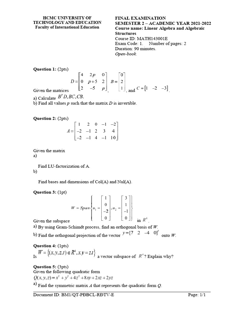 Linear Algebra Final Exam 2022 | PDF | Matrix (Mathematics ...