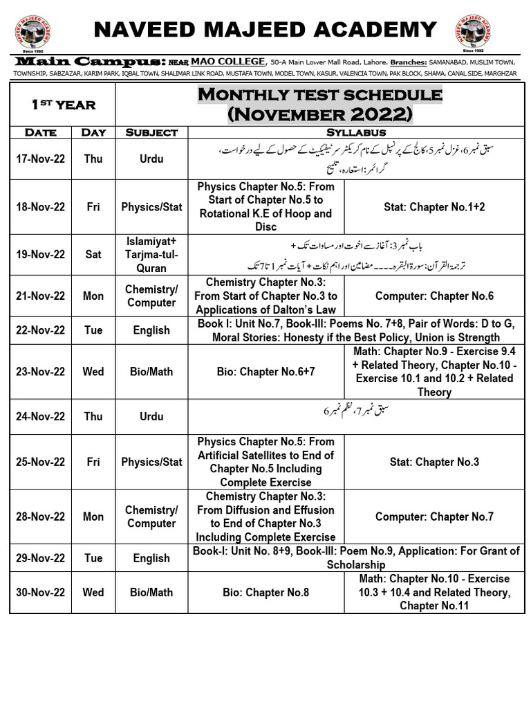 November 2022 Test Schedule for 1st Year | PDF | Physical Sciences
