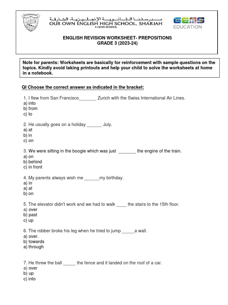 Grade 3 Prepositions Revision Worksheet | PDF | Amusement Park